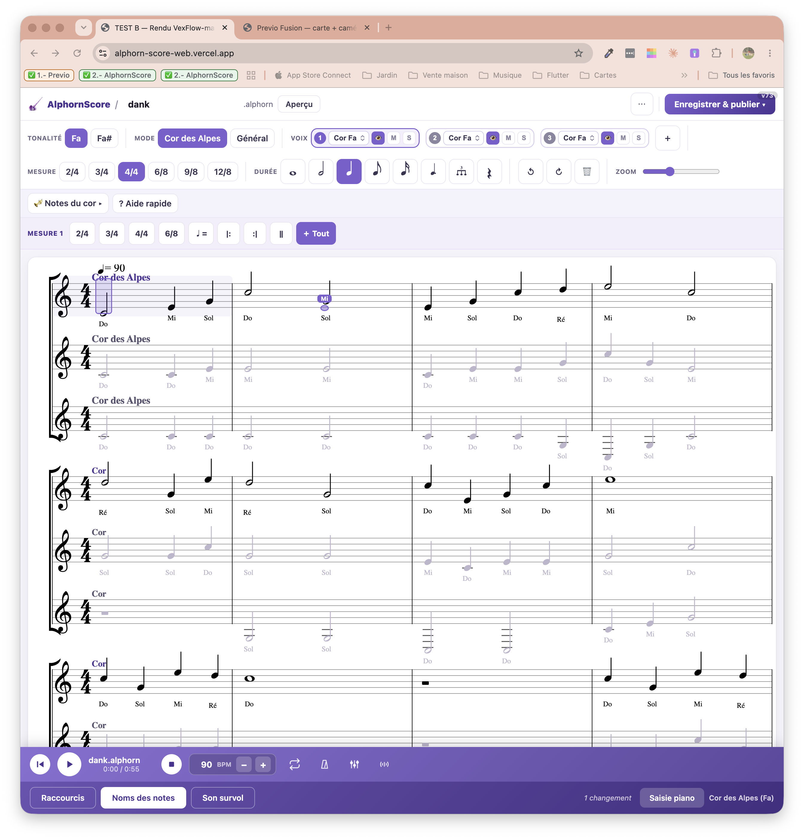 L'éditeur AlphornScore — partition à 3 voix, cor des Alpes